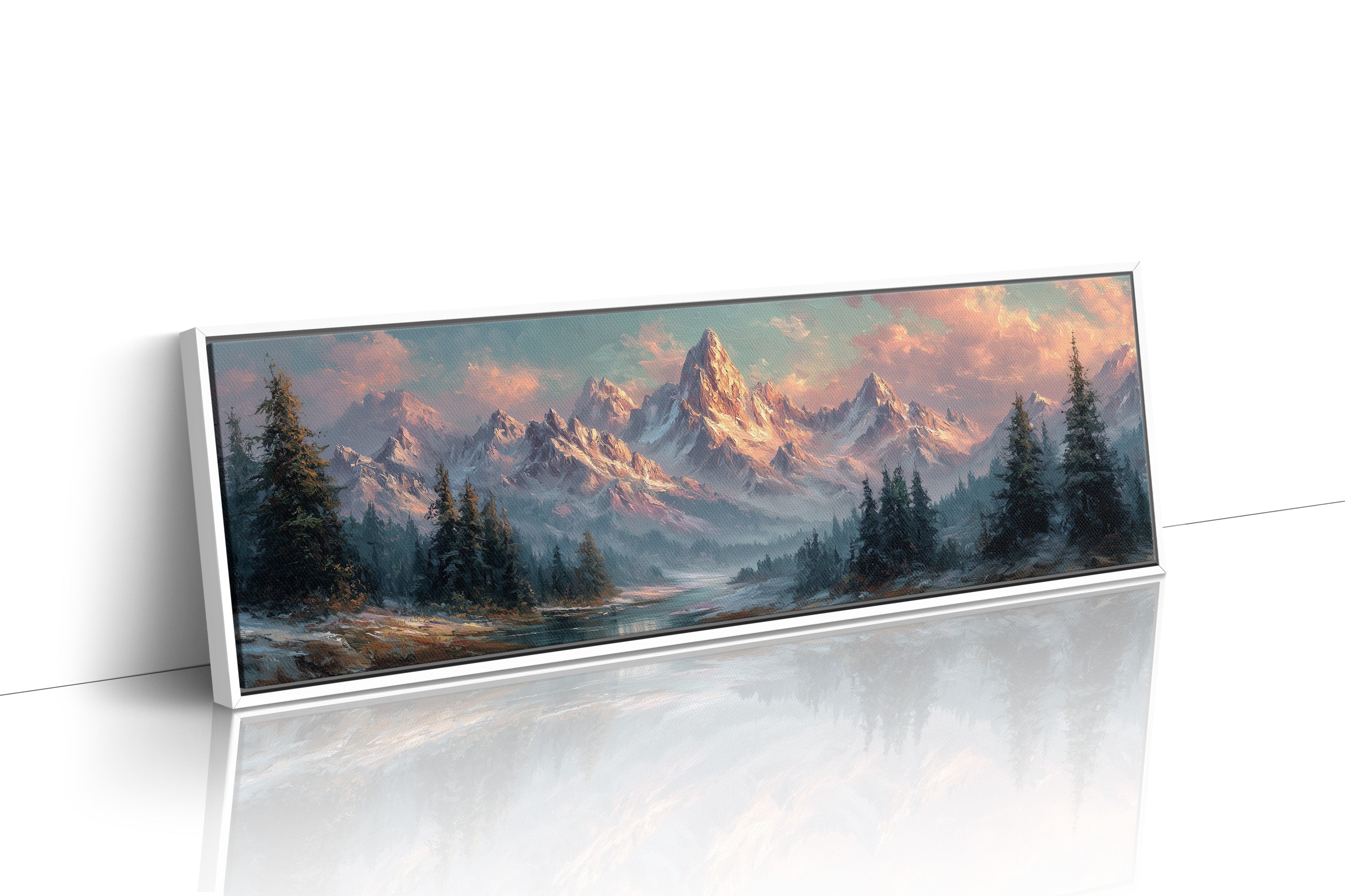Sunlit Mountain Peaks at Dawn Over Frosted Forest