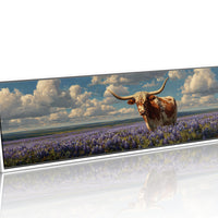 Texas Longhorn Standing in Blooming Bluebonnet Field