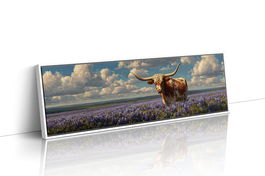 Texas Longhorn Standing in Blooming Bluebonnet Field