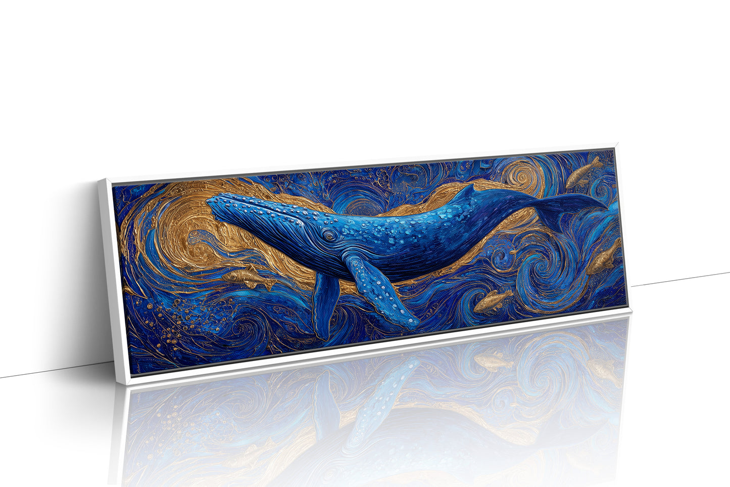 Majestic Blue Whale in Golden Ocean Swirl