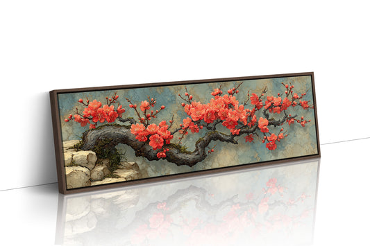 Crimson Blossoms On Ancient Wood