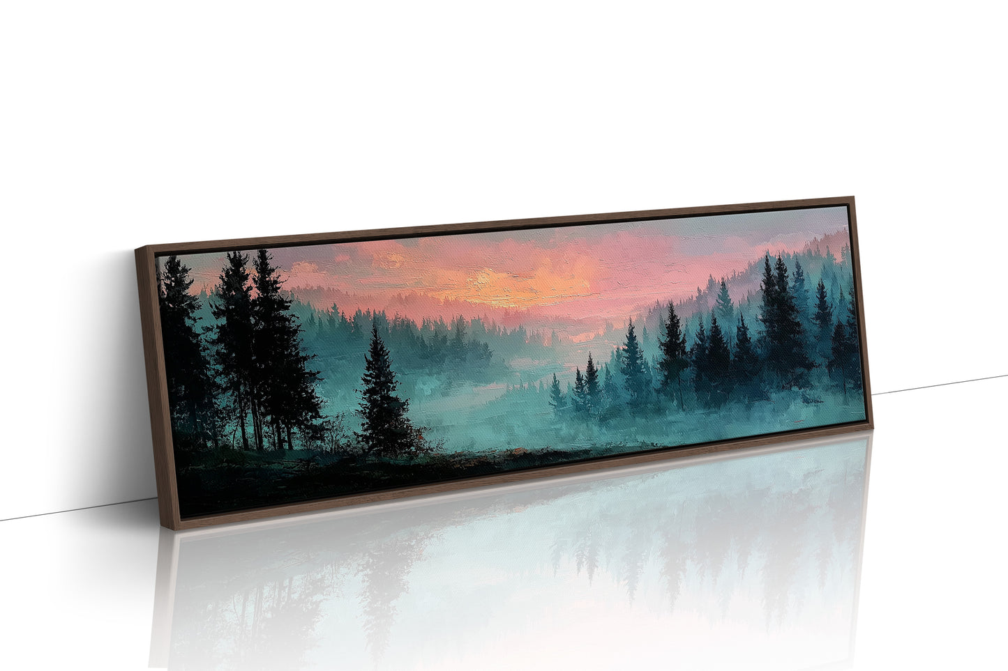 Misty Pines Beneath A Blushing Sky