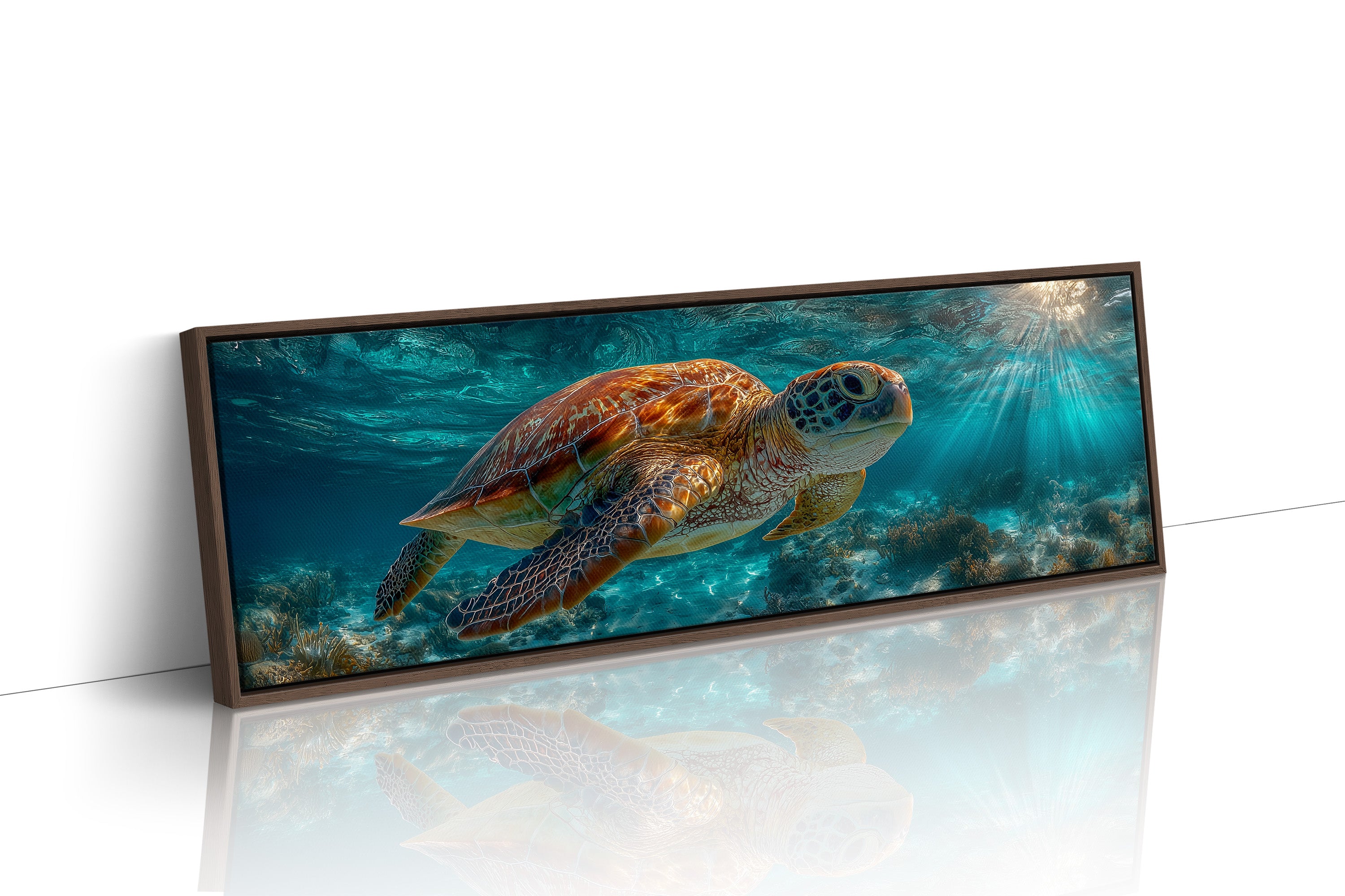 Sea Turtle Swimming In Sunlit Ocean