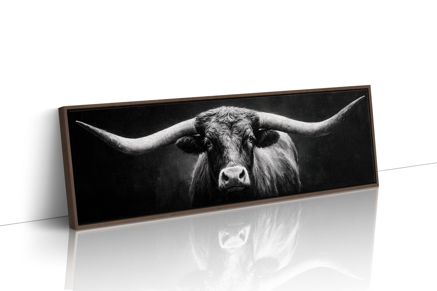Black and White Longhorn Portrait on Dark Background