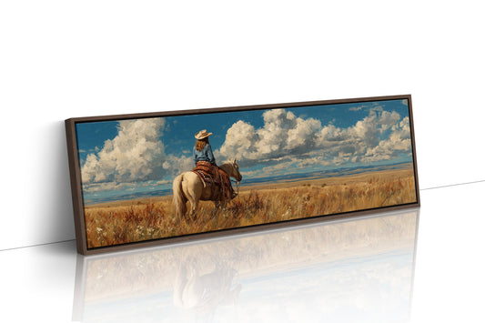 Cowgirl on Horse Overlooking Wide Western Prairie