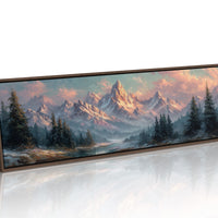 Sunlit Mountain Peaks at Dawn Over Frosted Forest