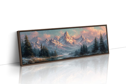 Sunlit Mountain Peaks at Dawn Over Frosted Forest
