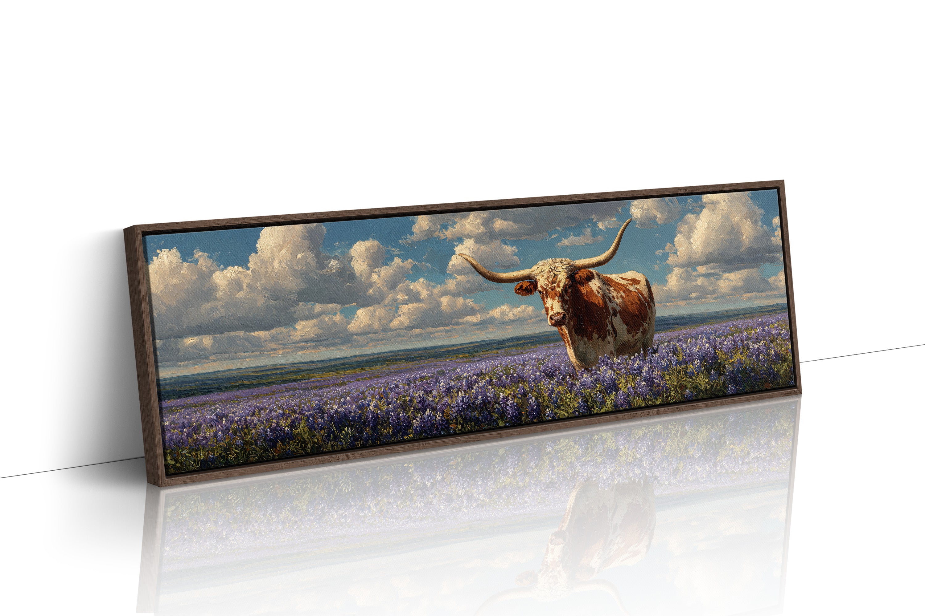 Texas Longhorn Standing in Blooming Bluebonnet Field