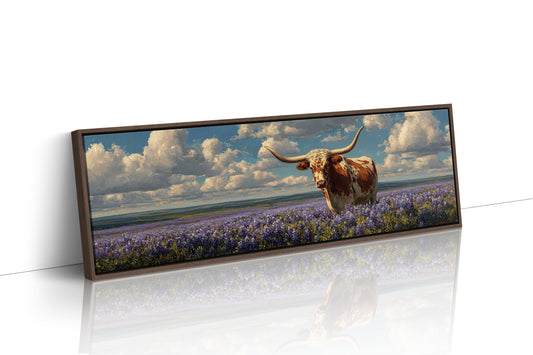 Texas Longhorn Standing in Blooming Bluebonnet Field