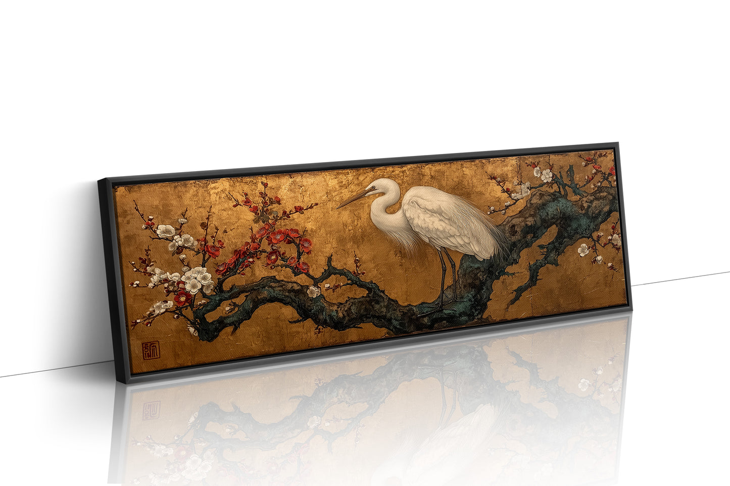 Egret Among Crimson Plum Blossoms