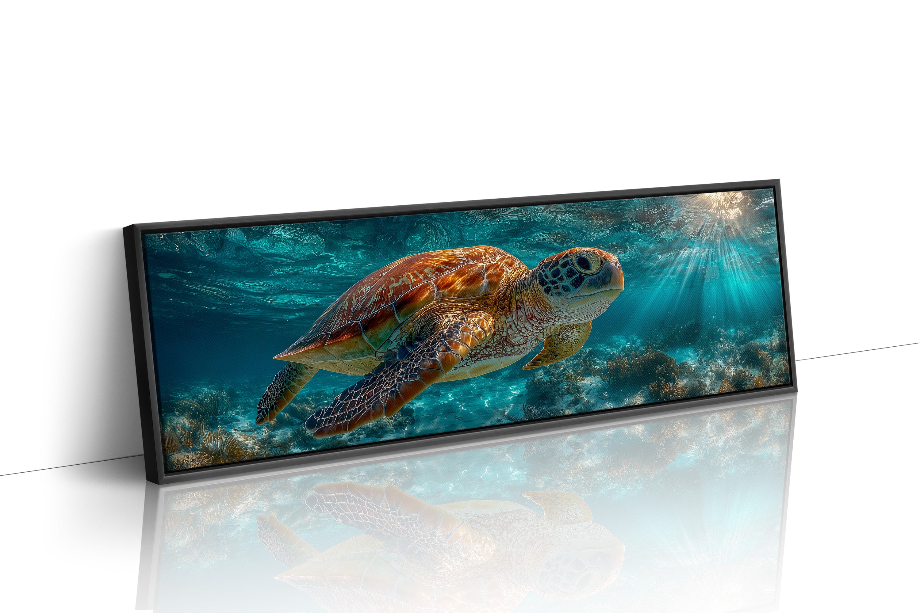 Sea Turtle Swimming In Sunlit Ocean