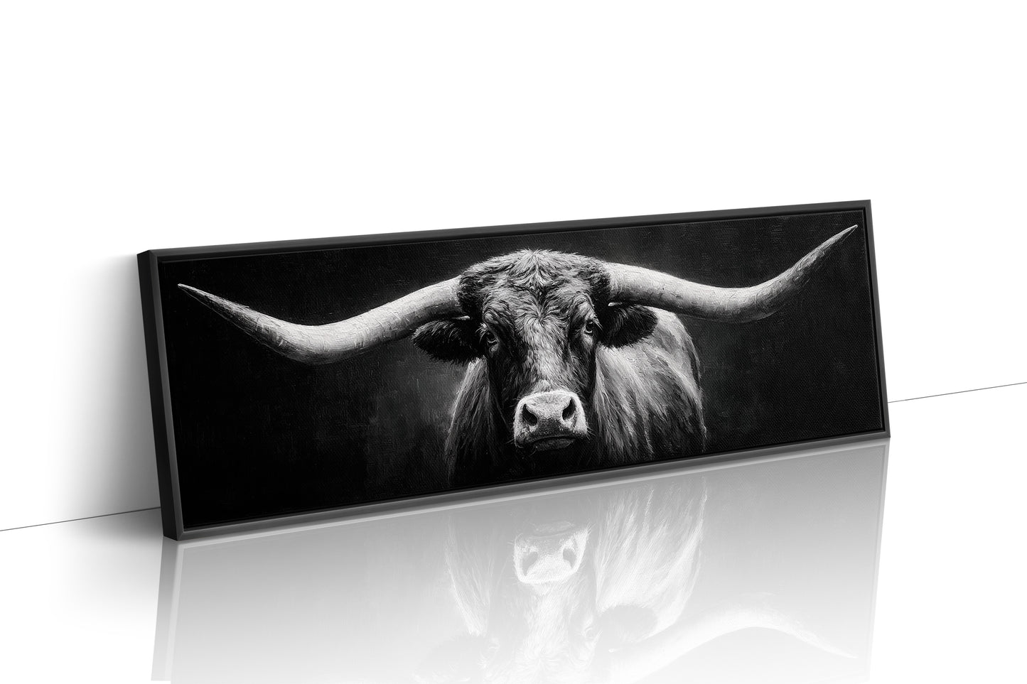 Black and White Longhorn Portrait on Dark Background