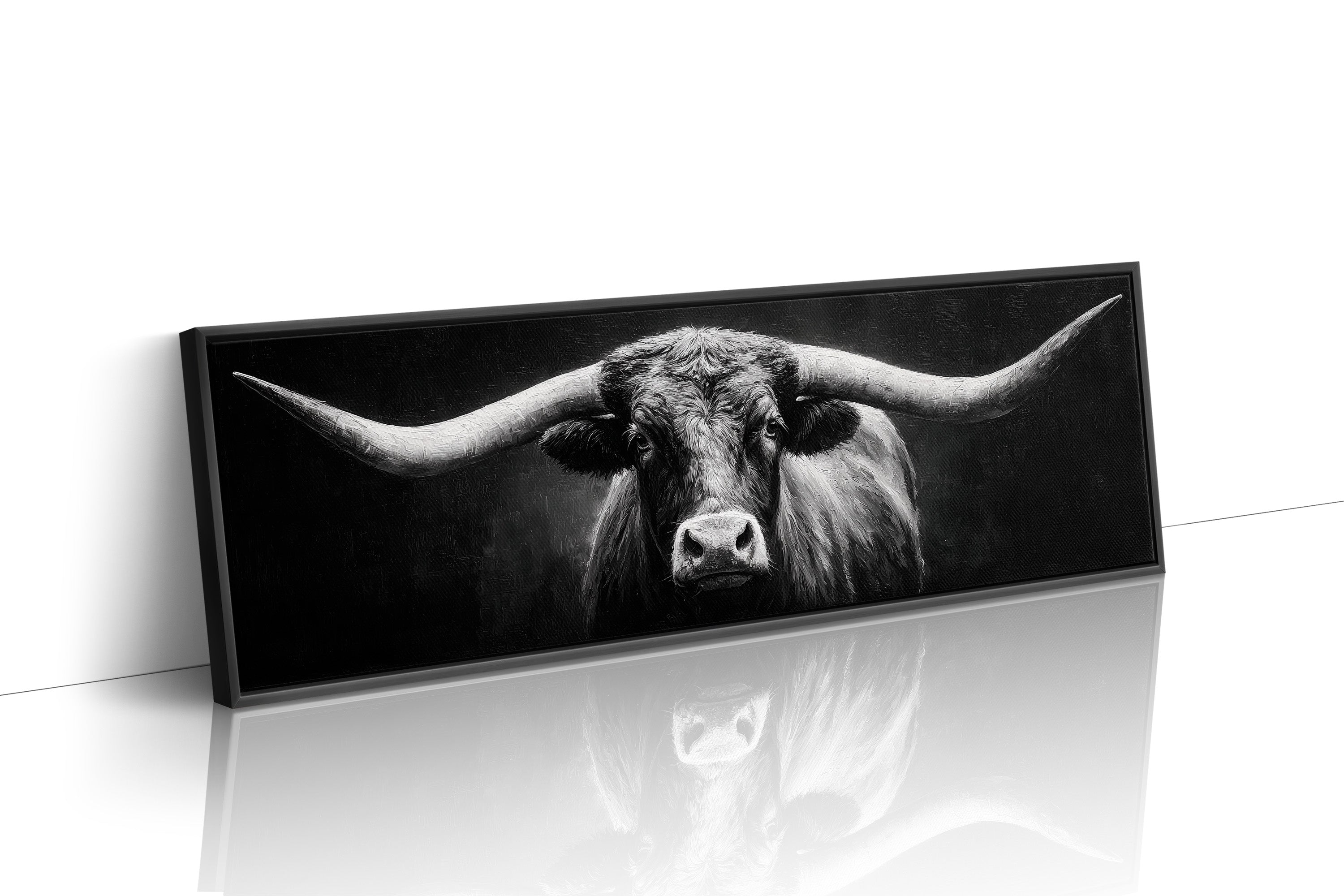 Black and White Longhorn Portrait on Dark Background