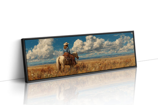 Cowgirl on Horse Overlooking Wide Western Prairie