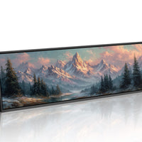 Sunlit Mountain Peaks at Dawn Over Frosted Forest