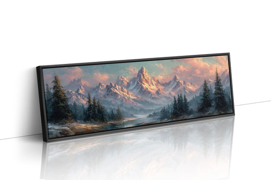 Sunlit Mountain Peaks at Dawn Over Frosted Forest