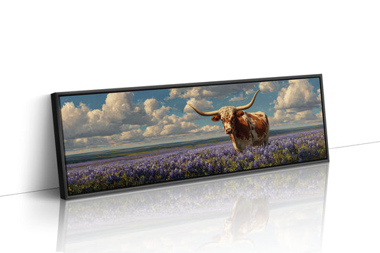 Texas Longhorn Standing in Blooming Bluebonnet Field