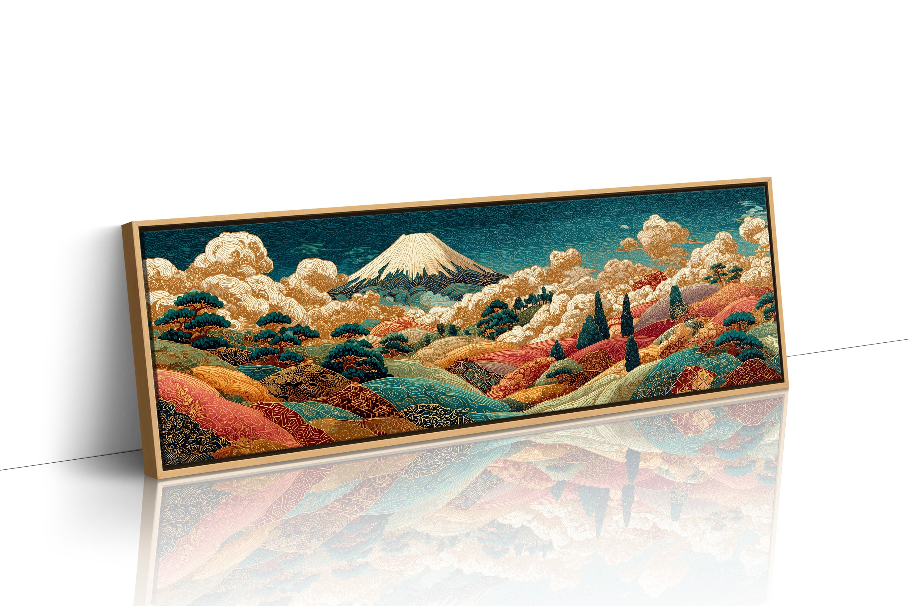 Golden Mount Fuji Over Patterned Hills