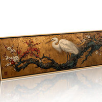 Egret Among Crimson Plum Blossoms