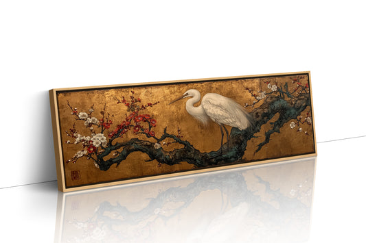 Egret Among Crimson Plum Blossoms