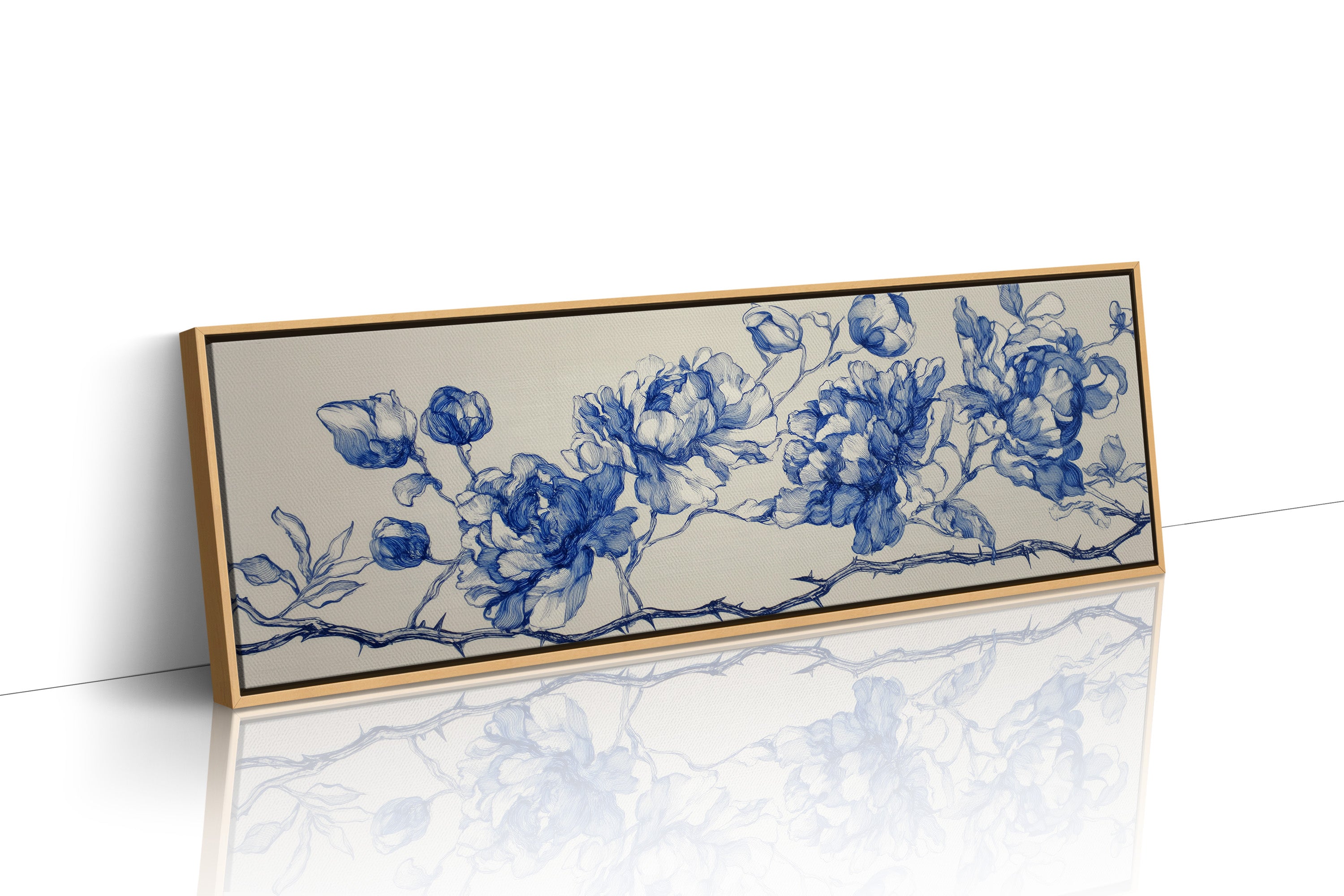 Blue Ink Roses On Thorned Vine