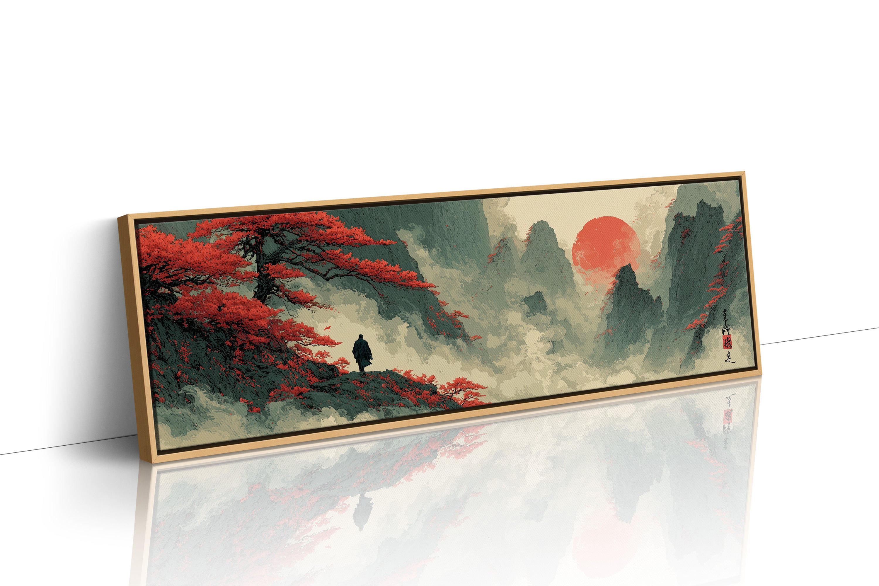 Red Sun Over Misty Mountain Peaks