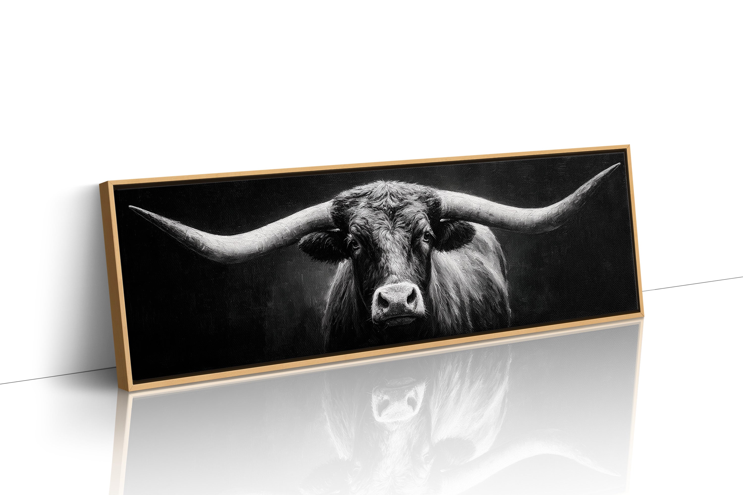 Black and White Longhorn Portrait on Dark Background