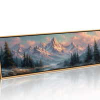 Sunlit Mountain Peaks at Dawn Over Frosted Forest
