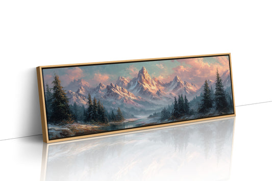 Sunlit Mountain Peaks at Dawn Over Frosted Forest