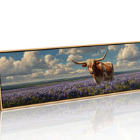 Texas Longhorn Standing in Blooming Bluebonnet Field