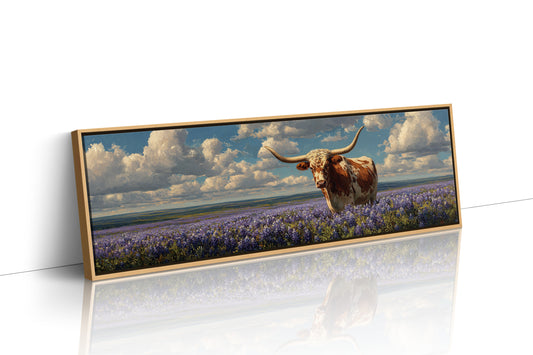 Texas Longhorn Standing in Blooming Bluebonnet Field