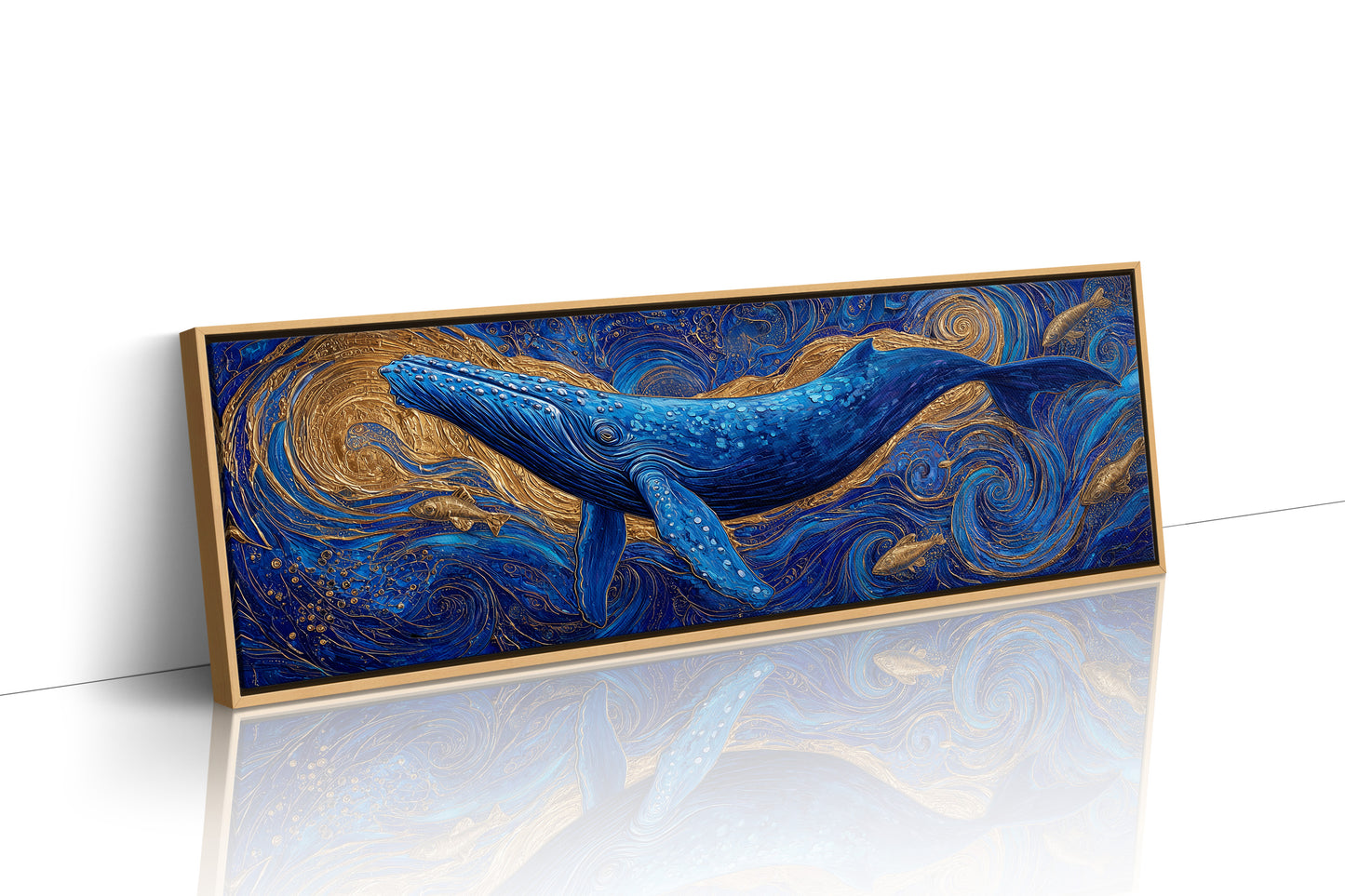 Majestic Blue Whale in Golden Ocean Swirl