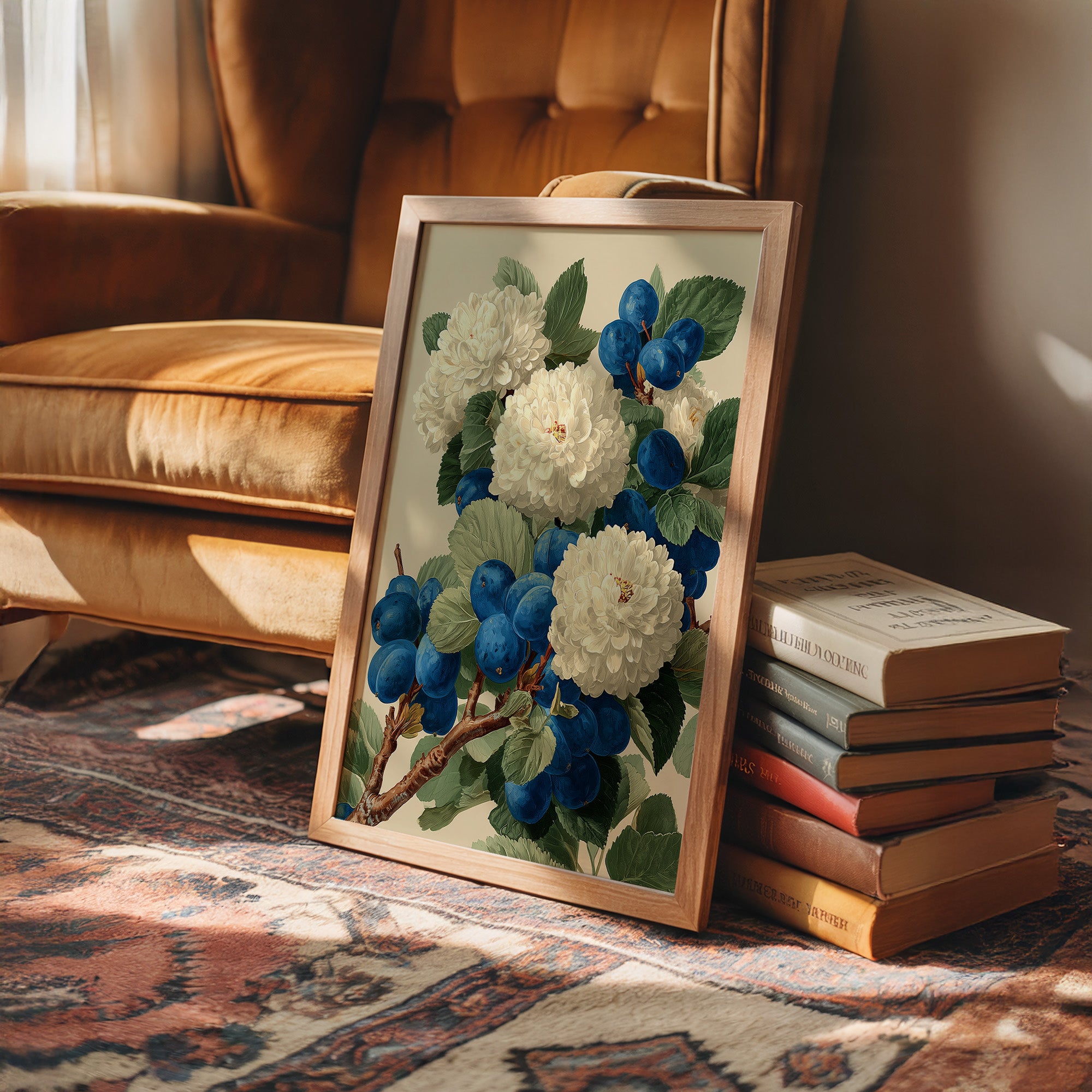 Cream Blossoms Among the Blue Plums