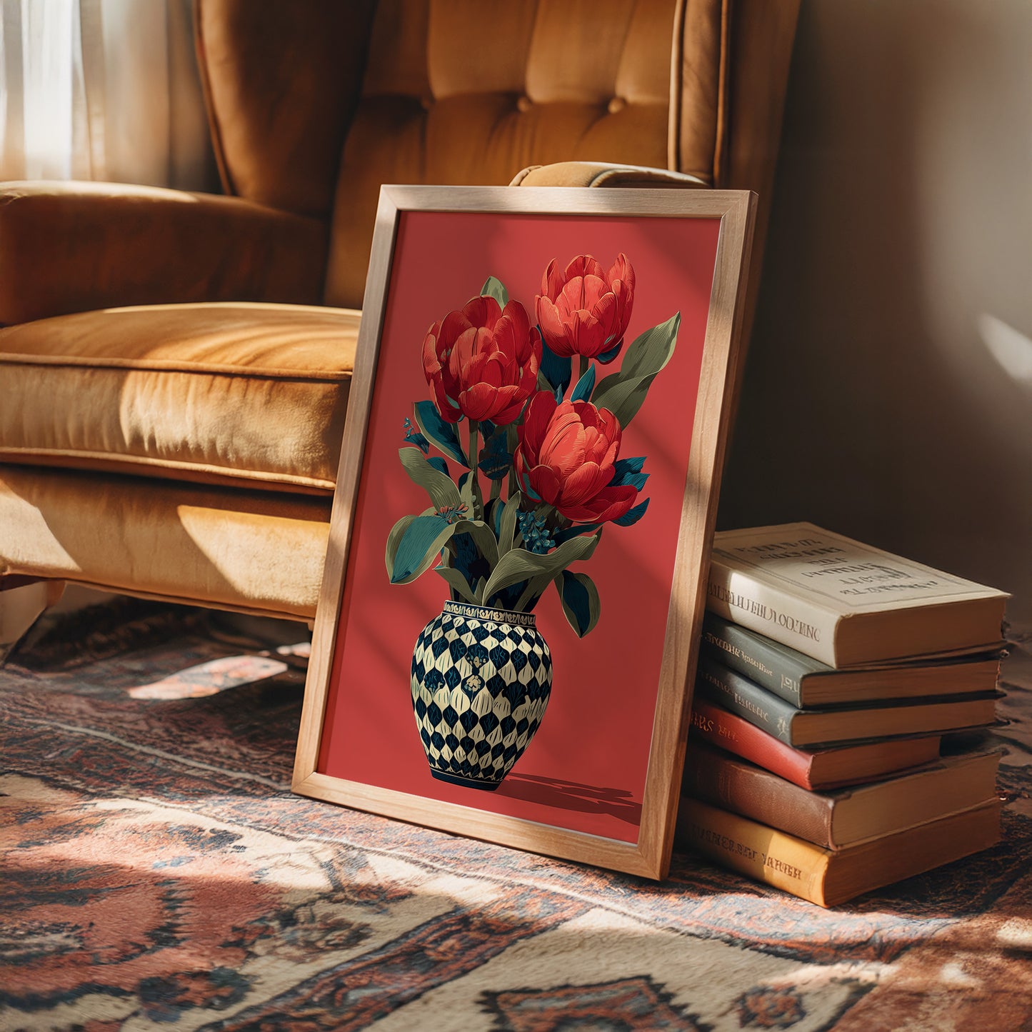 Red Tulips in a Traveled Vase