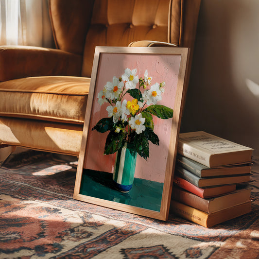 White Flowers Against a Pink Wall