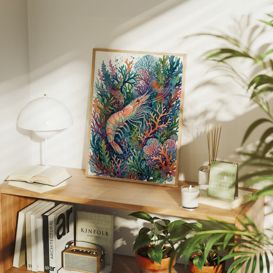Coral Thicket Sentinel: Watercolor Shrimp Study