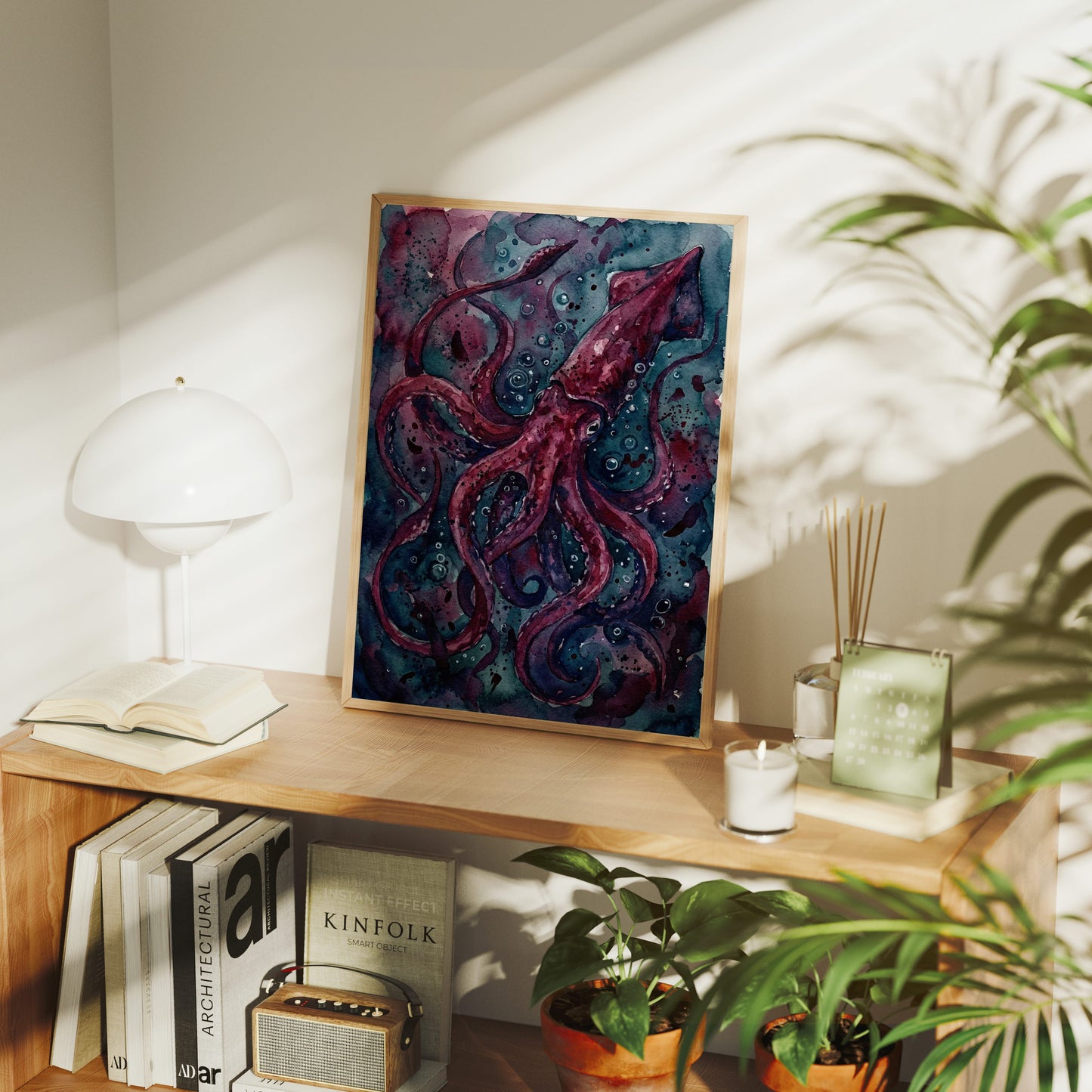 Crimson Depths: Watercolor Giant Squid Study