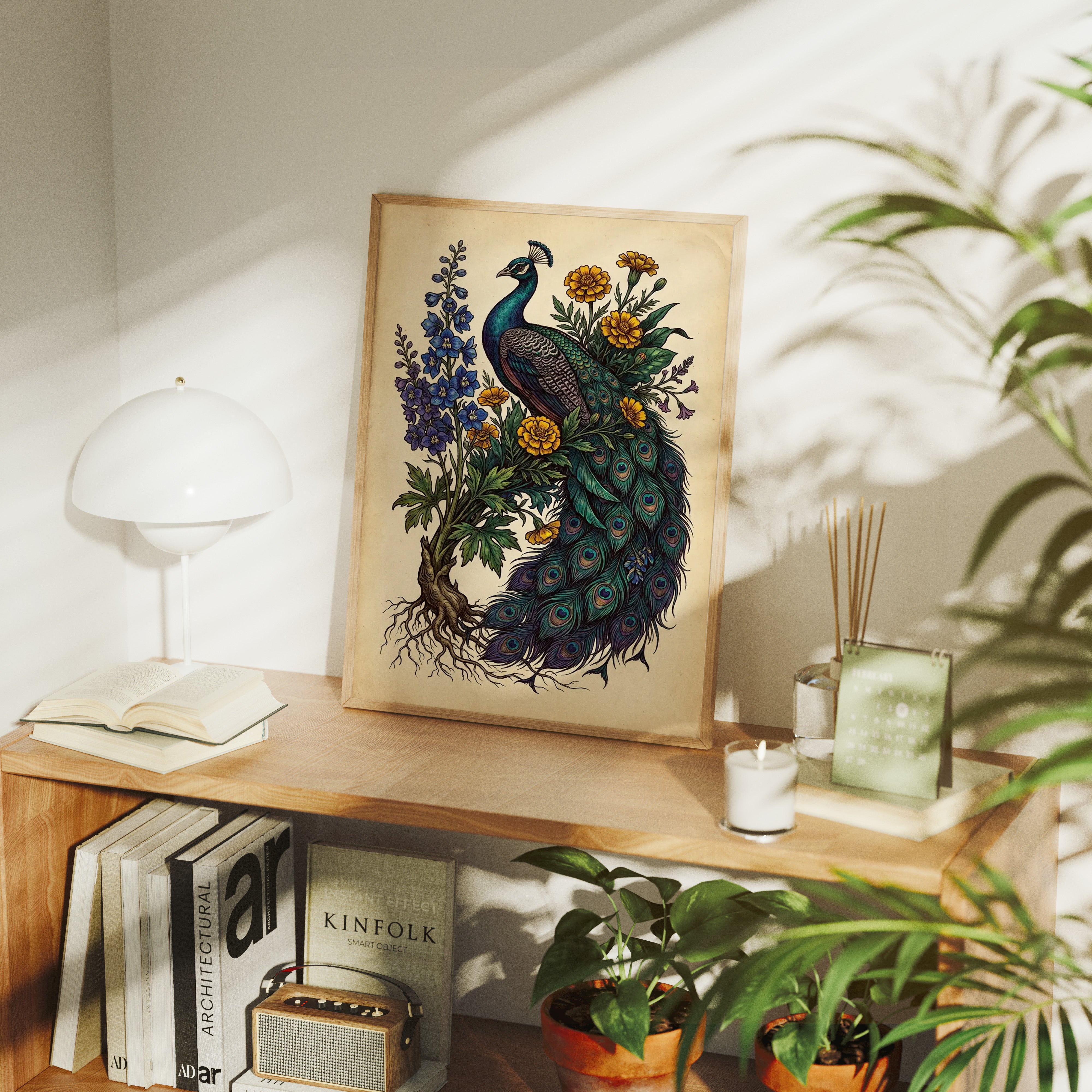 Peacock and Marigolds
