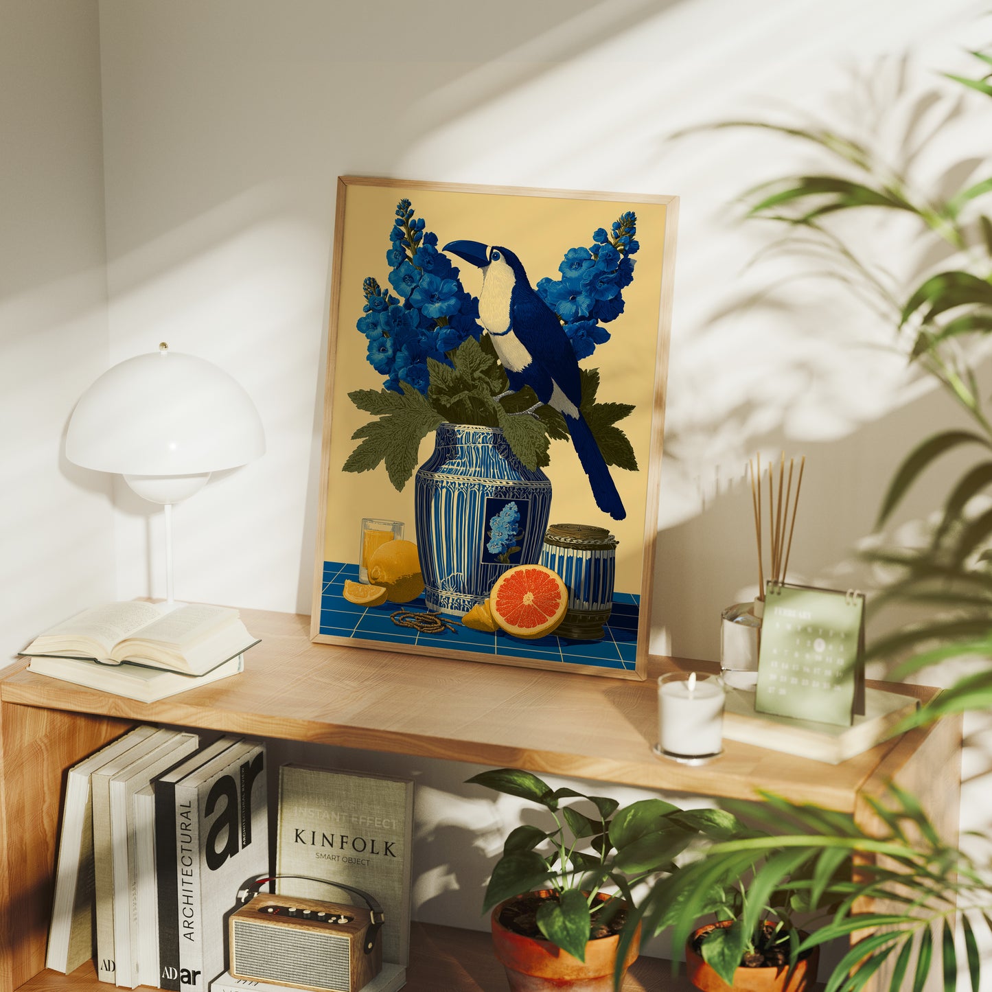 Toucan and Blue Delphiniums