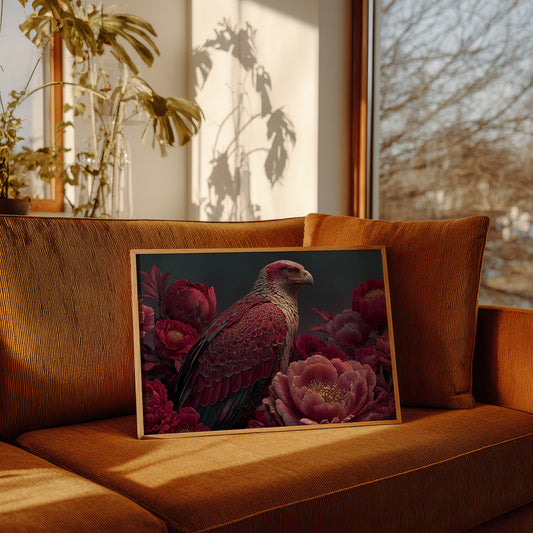 Crimson Eagle Among the Peonies