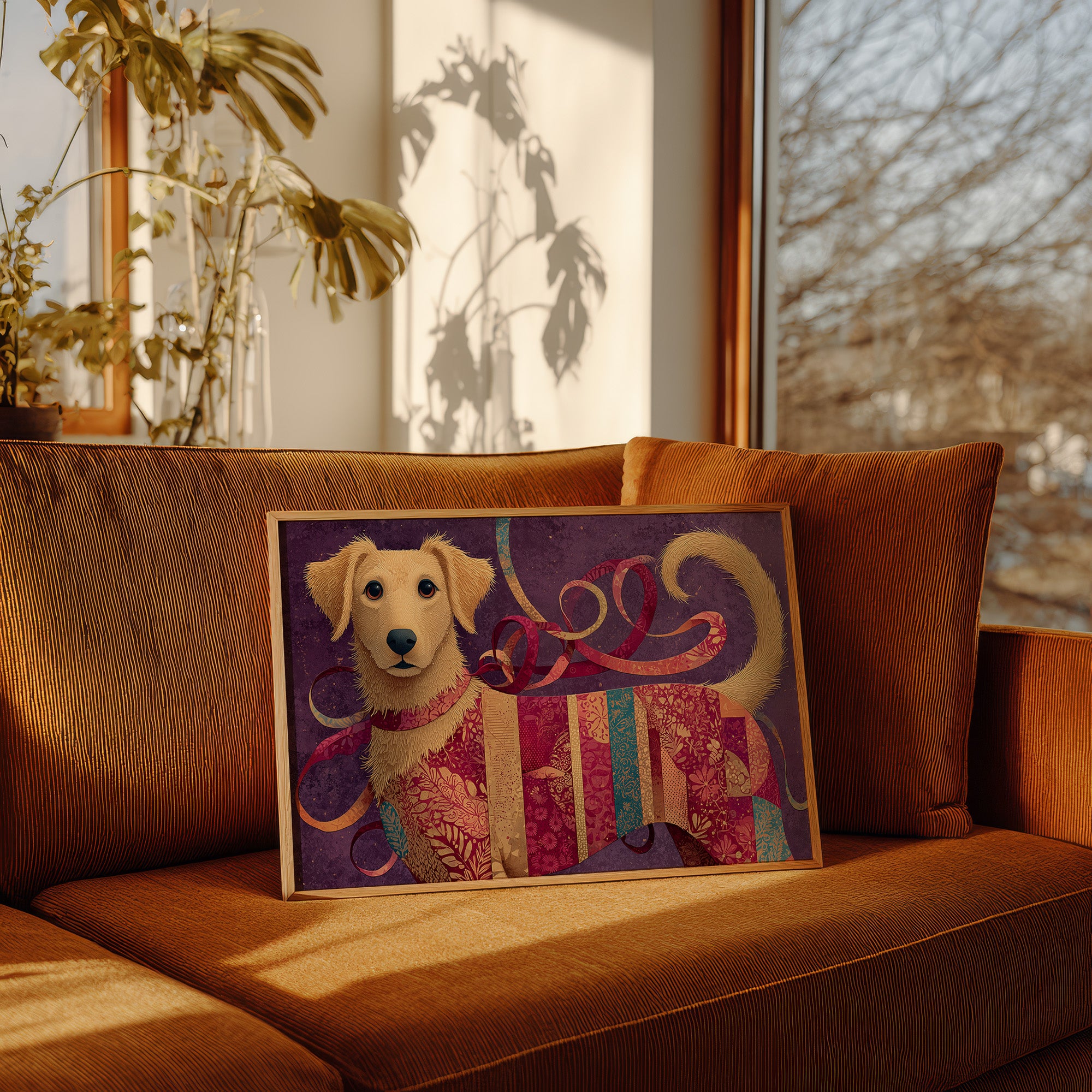 Golden Puppy in Patchwork Ribbons