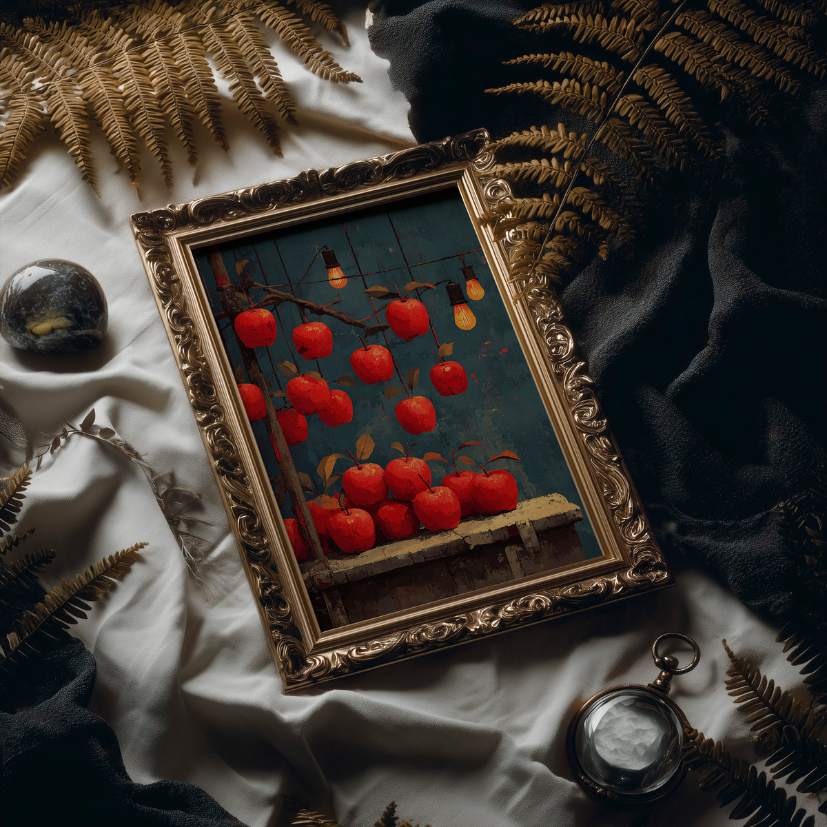 Orchard After Dark: Apples on Strings