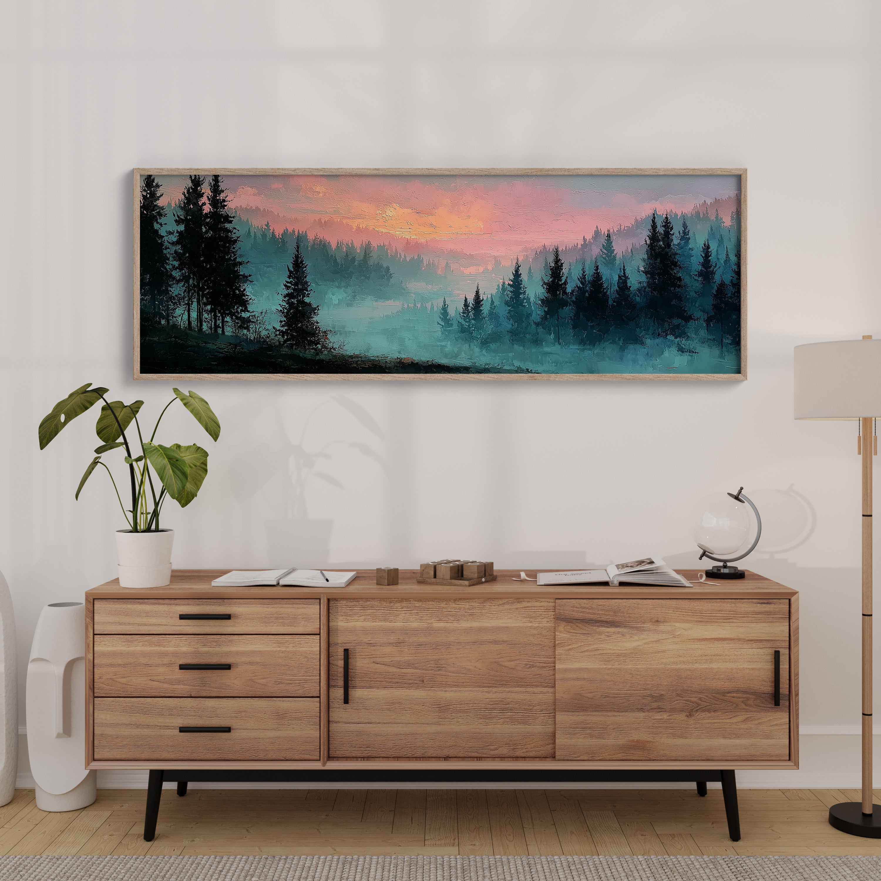 Misty Pines Beneath A Blushing Sky