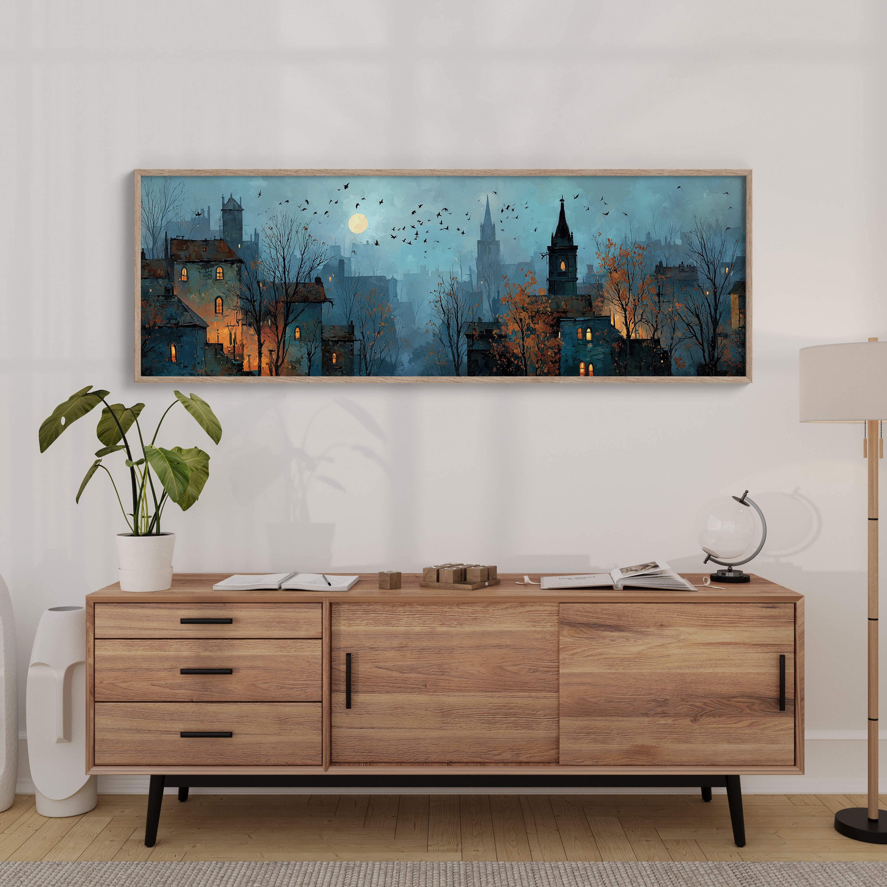 Moonlit Town Beneath Autumn Skies