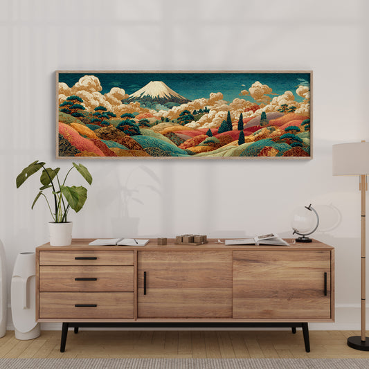 Golden Mount Fuji Over Patterned Hills
