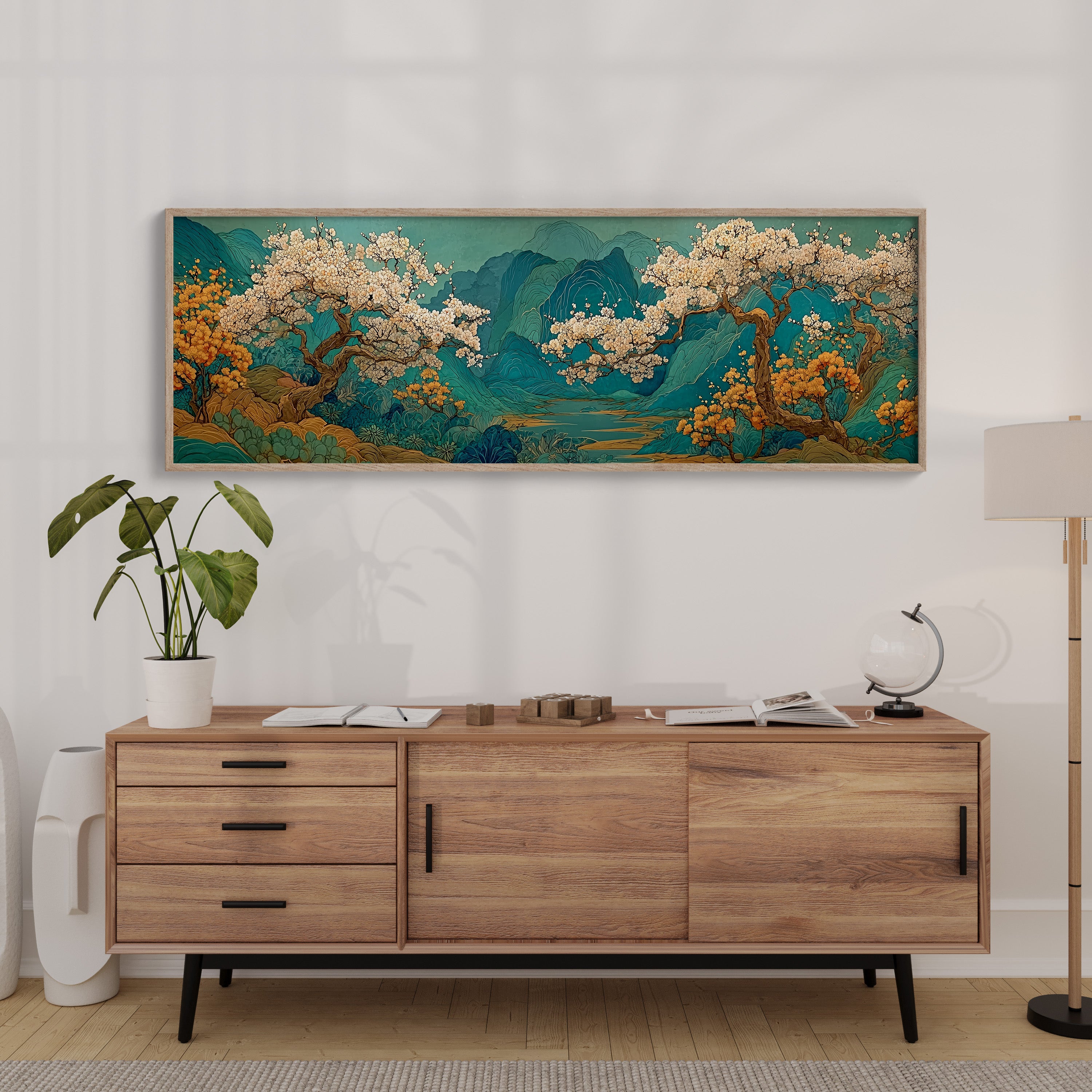 Cherry Blossoms Over Tranquil Mountain Lake