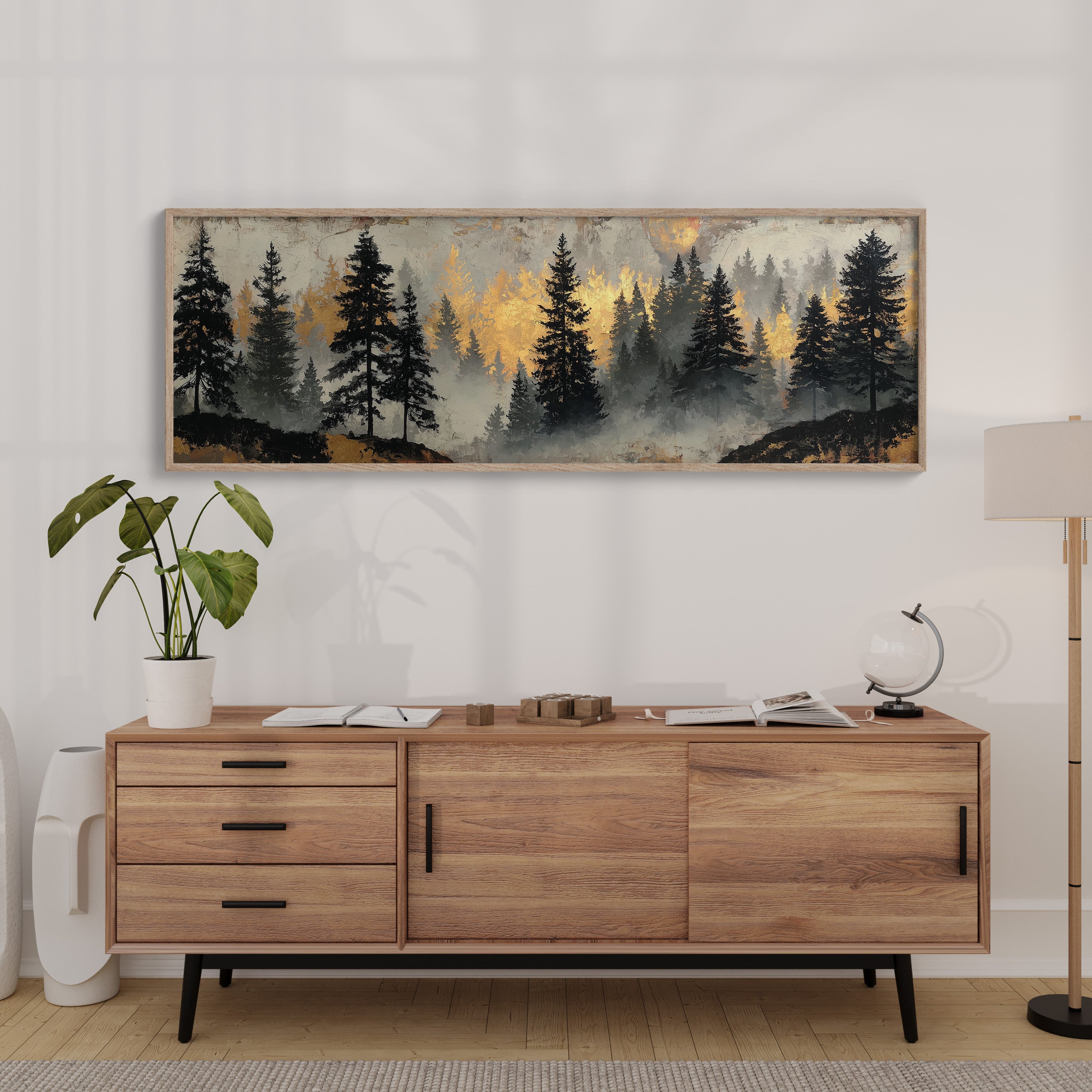 Golden Mist Through Pines