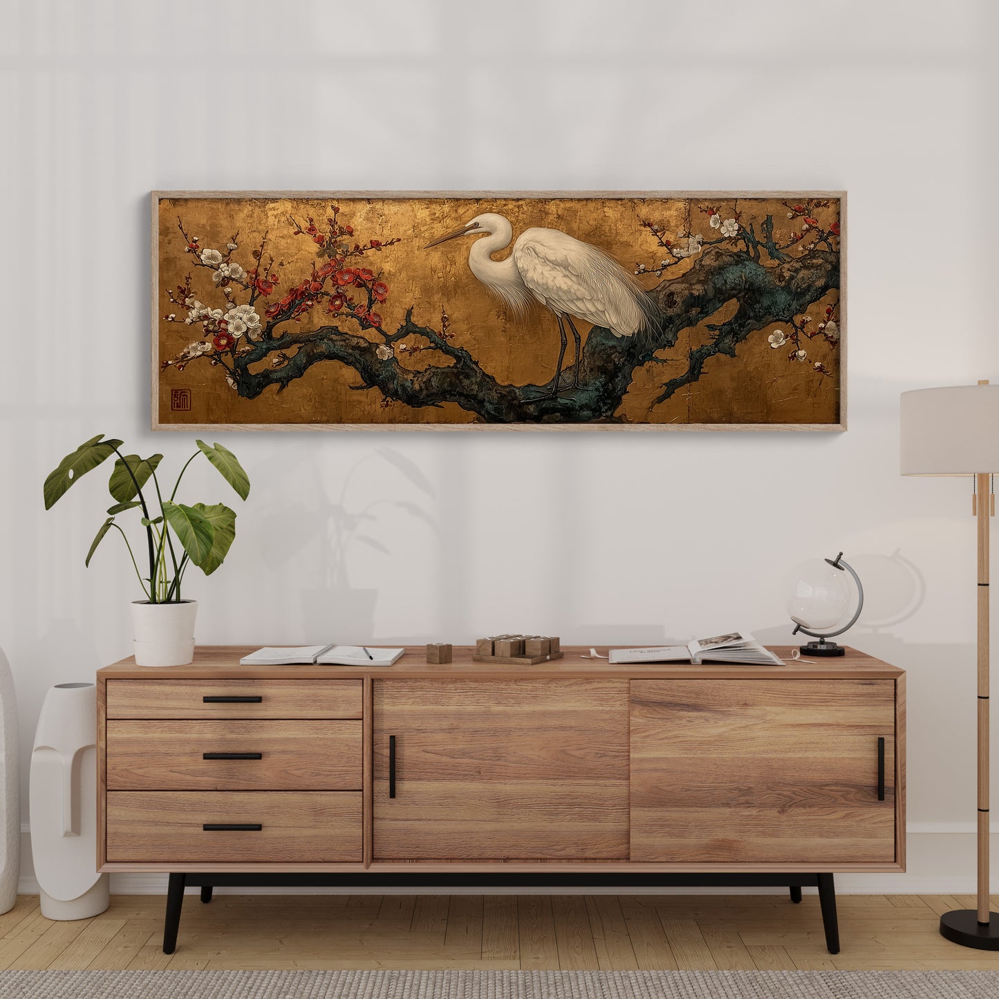 Egret Among Crimson Plum Blossoms