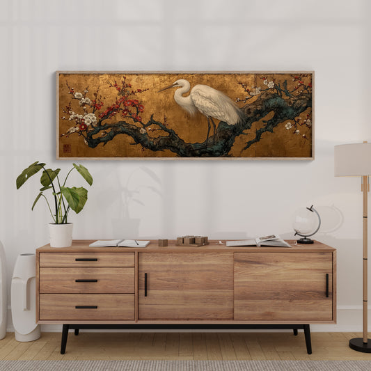 Egret Among Crimson Plum Blossoms