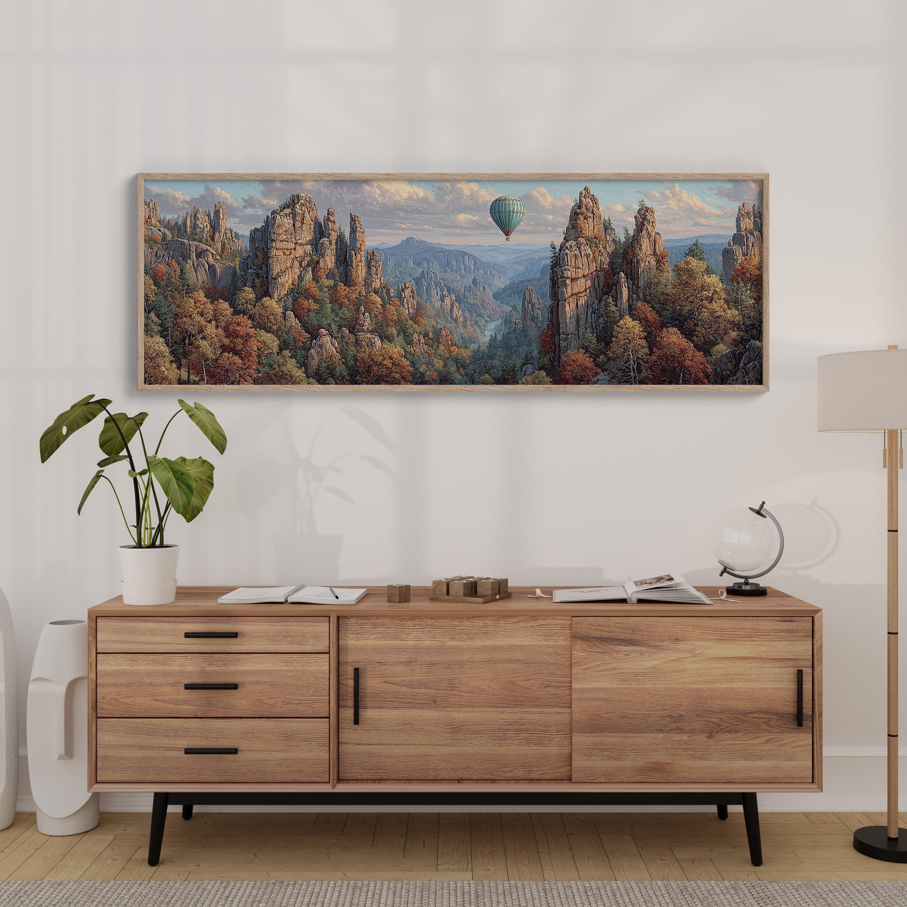 Hot Air Balloon Over Autumn Cliffs